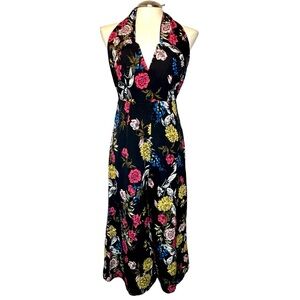 Black Floral Chiffon V-Neck Halter Jumpsuit Size M